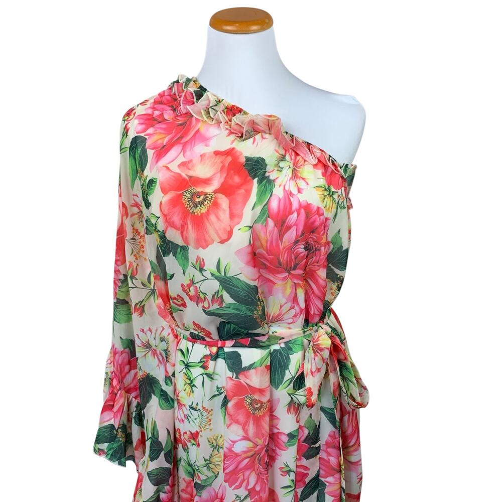Dalia MacPhee Dress One Shoulder Ruffle Floral Maxi Pink Multi Belted Women's S - Picture 3 of 10